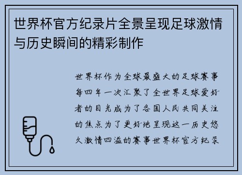 世界杯官方纪录片全景呈现足球激情与历史瞬间的精彩制作 世界杯官方纪录片全景呈现足球激情与历史瞬间的精彩制作